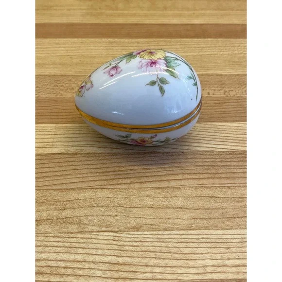 Vintage Porcelain Egg Shape Trinket Dish Pink Green Yellow Floral - Picture 2 of 5